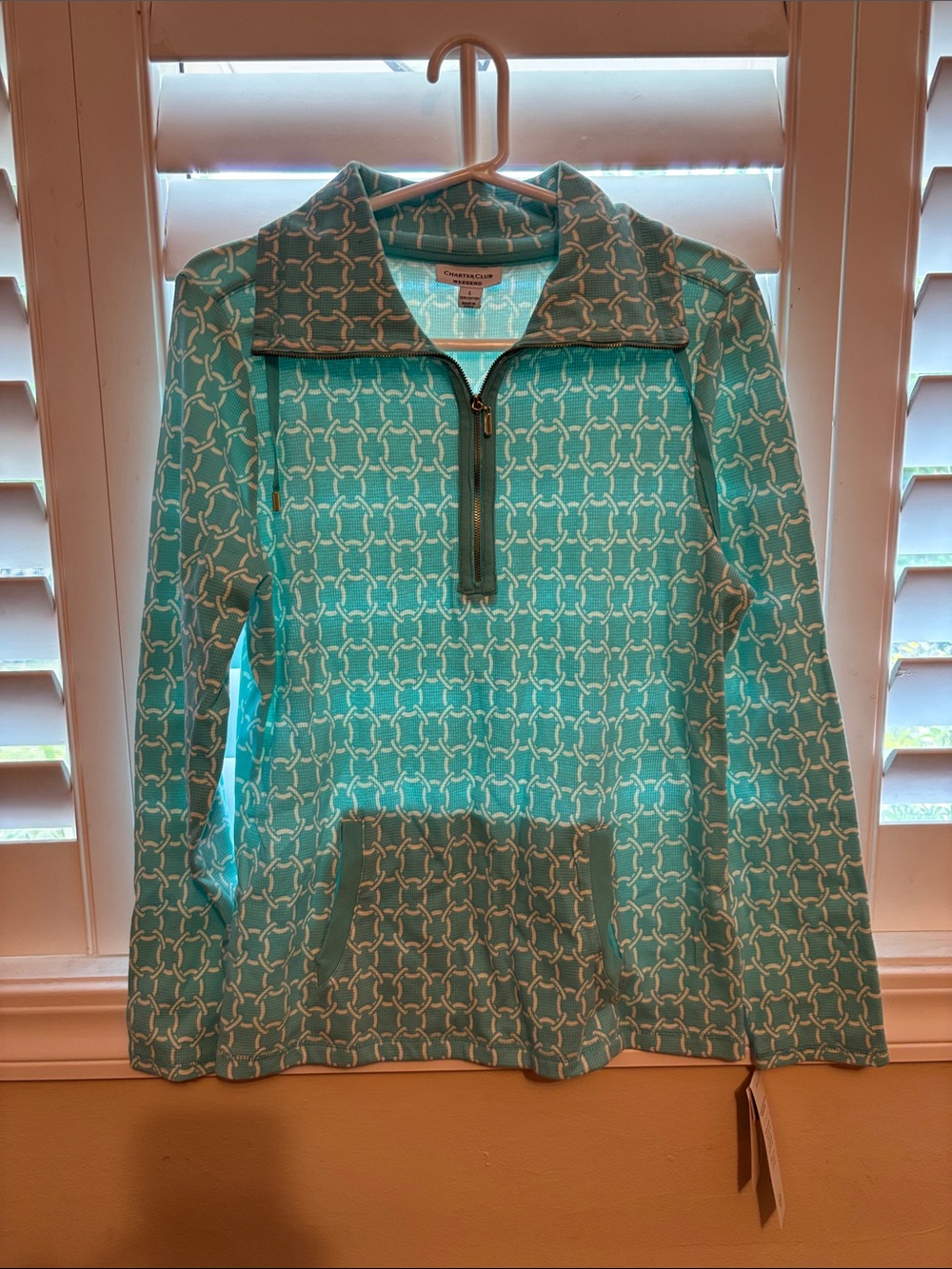 Charter Club Teal and White Quarter-Zip Pullover Hoodie